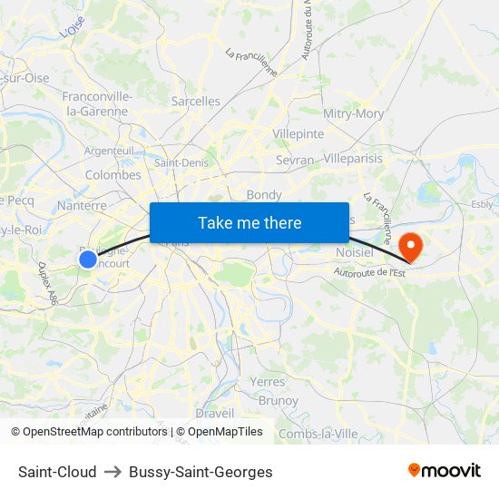 Saint-Cloud to Bussy-Saint-Georges map