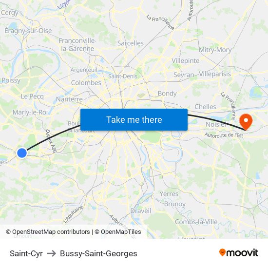 Saint-Cyr to Bussy-Saint-Georges map