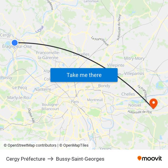 Cergy Préfecture to Bussy-Saint-Georges map