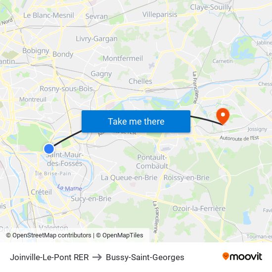 Joinville-Le-Pont RER to Bussy-Saint-Georges map