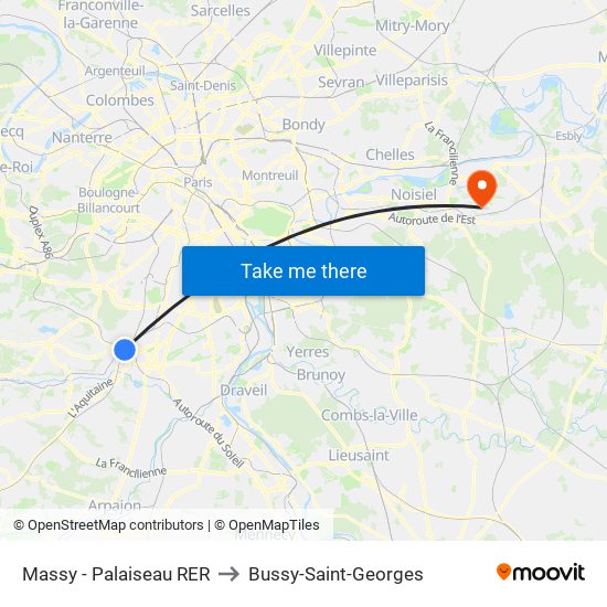 Massy - Palaiseau RER to Bussy-Saint-Georges map