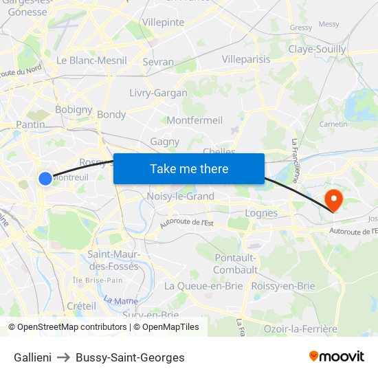 Gallieni to Bussy-Saint-Georges map