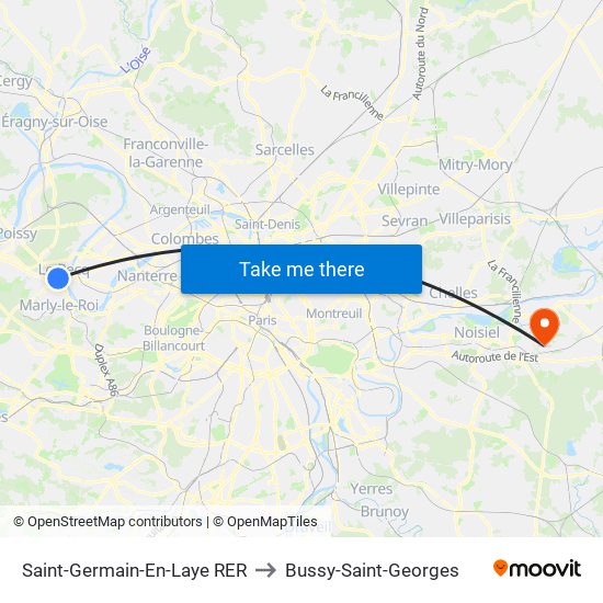 Saint-Germain-En-Laye RER to Bussy-Saint-Georges map