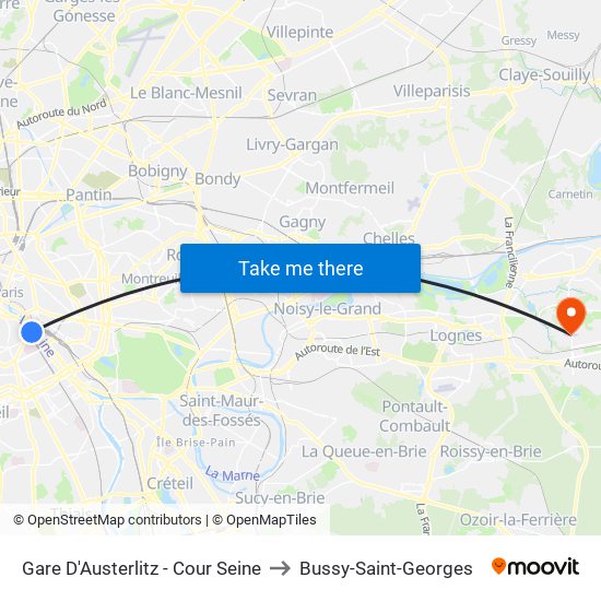 Gare D'Austerlitz - Cour Seine to Bussy-Saint-Georges map