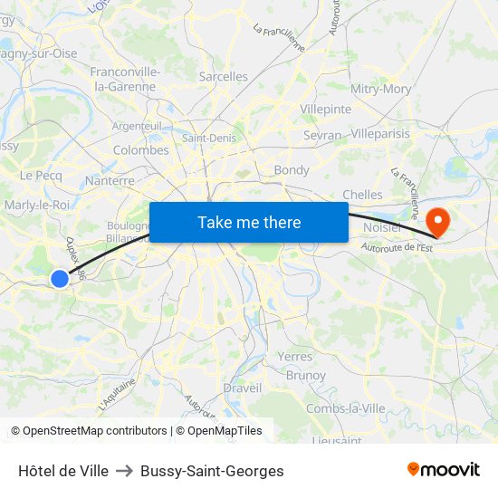 Hôtel de Ville to Bussy-Saint-Georges map