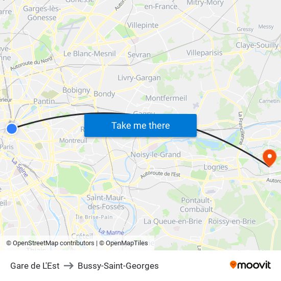 Gare de L'Est to Bussy-Saint-Georges map