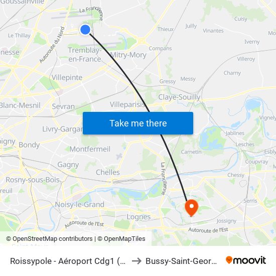 Roissypole - Aéroport Cdg1 (D1) to Bussy-Saint-Georges map