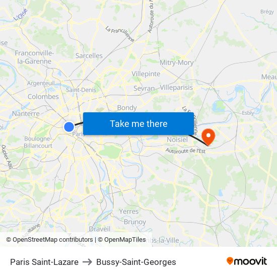 Paris Saint-Lazare to Bussy-Saint-Georges map