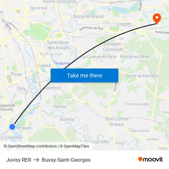 Juvisy RER to Bussy-Saint-Georges map