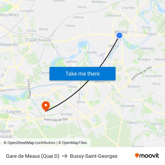 Gare de Meaux (Quai D) to Bussy-Saint-Georges map