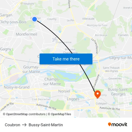 Coubron to Bussy-Saint-Martin map