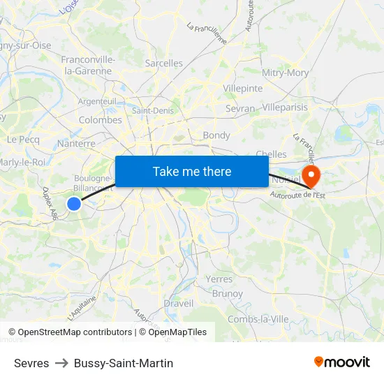 Sevres to Bussy-Saint-Martin map