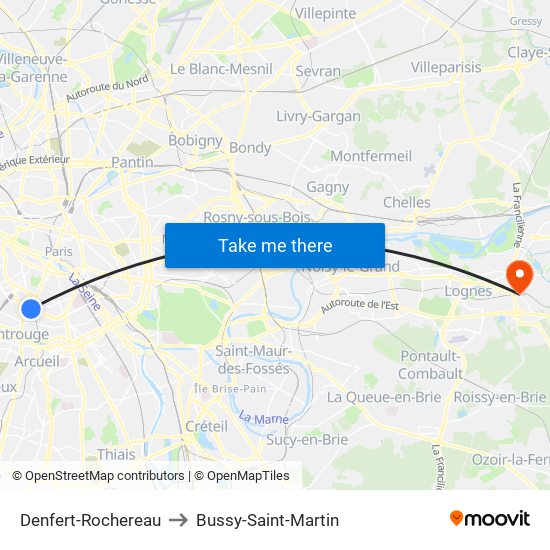 Denfert-Rochereau to Bussy-Saint-Martin map