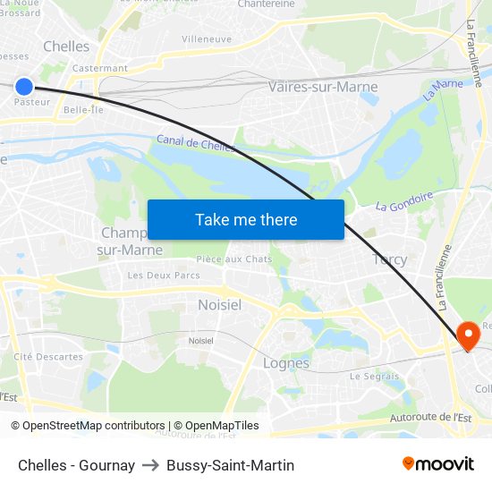 Chelles - Gournay to Bussy-Saint-Martin map