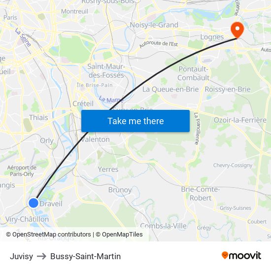 Juvisy to Bussy-Saint-Martin map