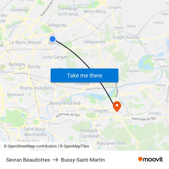 Sevran Beaudottes to Bussy-Saint-Martin map