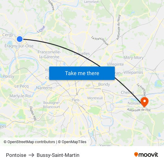 Pontoise to Bussy-Saint-Martin map