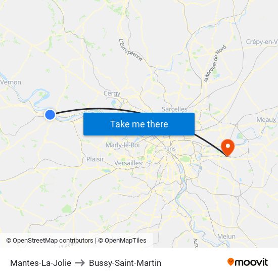 Mantes-La-Jolie to Bussy-Saint-Martin map