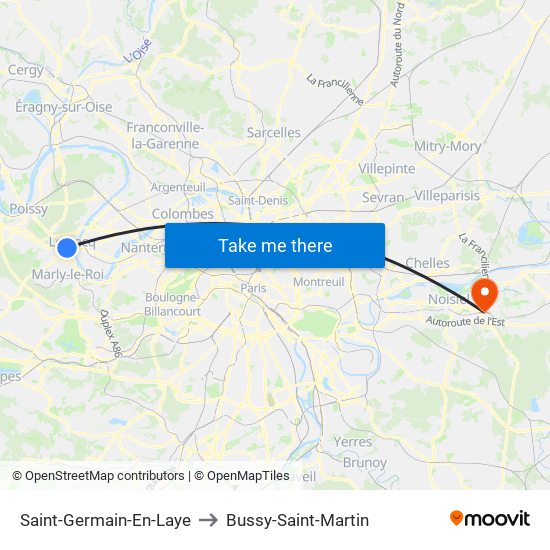 Saint-Germain-En-Laye to Bussy-Saint-Martin map