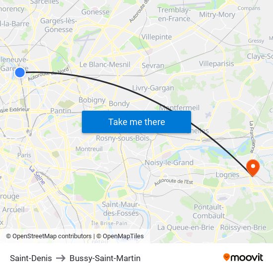 Saint-Denis to Bussy-Saint-Martin map