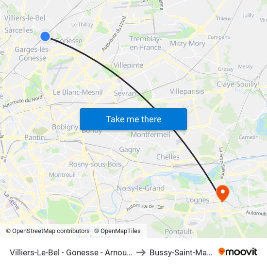 Villiers-Le-Bel - Gonesse - Arnouville to Bussy-Saint-Martin map