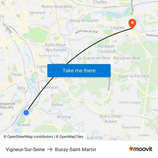 Vigneux-Sur-Seine to Bussy-Saint-Martin map