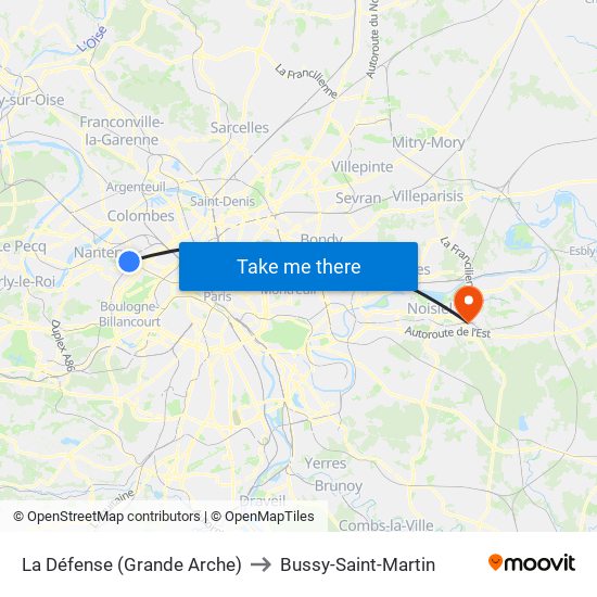 La Défense (Grande Arche) to Bussy-Saint-Martin map
