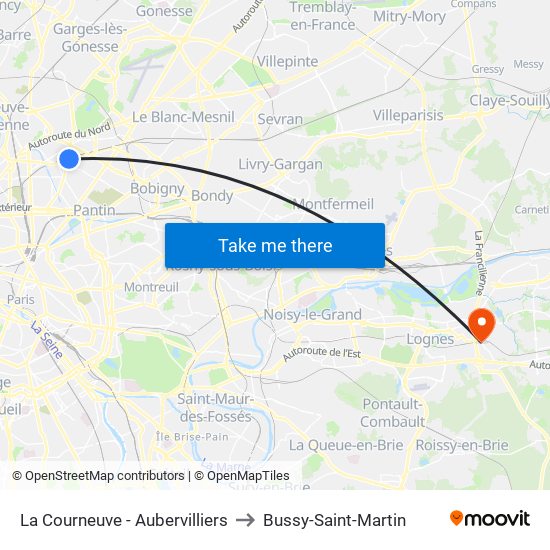 La Courneuve - Aubervilliers to Bussy-Saint-Martin map