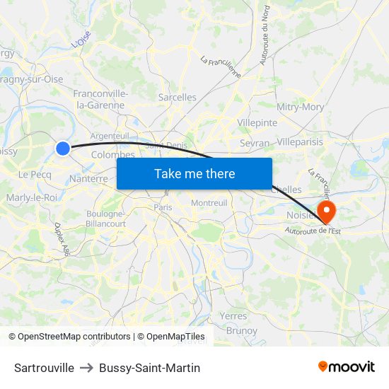 Sartrouville to Bussy-Saint-Martin map