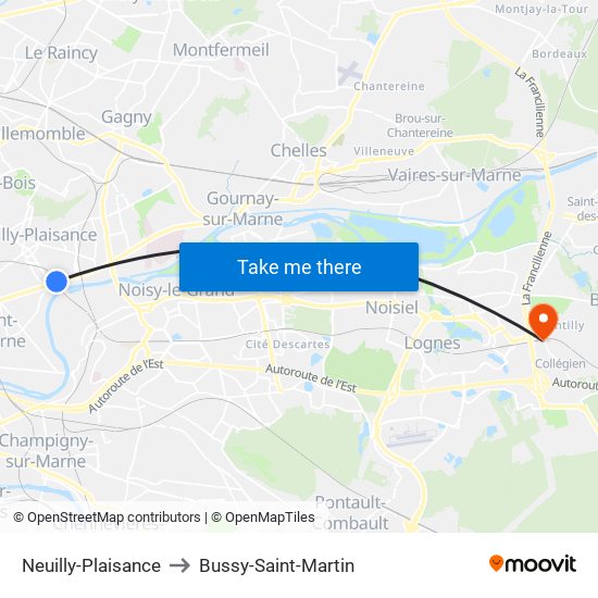Neuilly-Plaisance to Bussy-Saint-Martin map