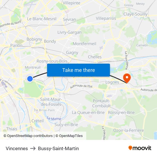 Vincennes to Bussy-Saint-Martin map