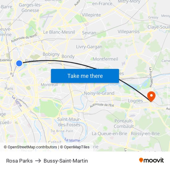 Rosa Parks to Bussy-Saint-Martin map