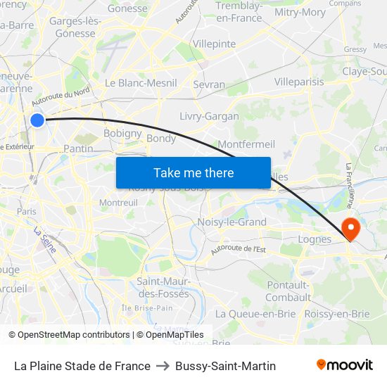 La Plaine Stade de France to Bussy-Saint-Martin map