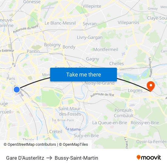 Gare D'Austerlitz to Bussy-Saint-Martin map