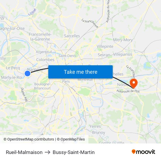 Rueil-Malmaison to Bussy-Saint-Martin map