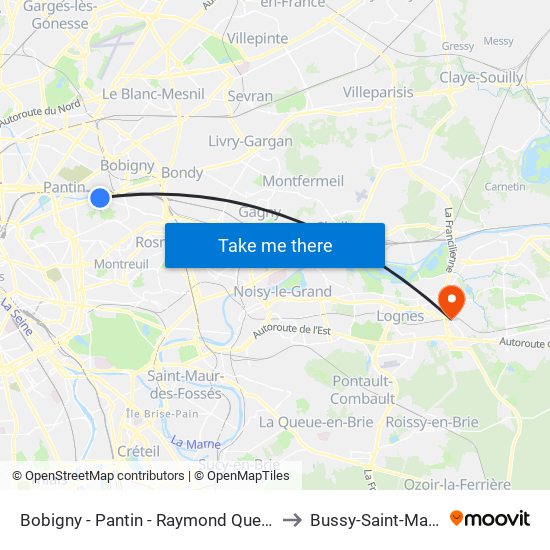Bobigny - Pantin - Raymond Queneau to Bussy-Saint-Martin map