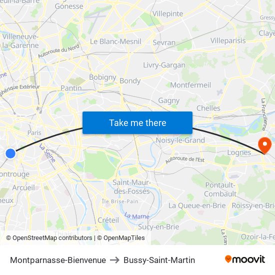 Montparnasse-Bienvenue to Bussy-Saint-Martin map