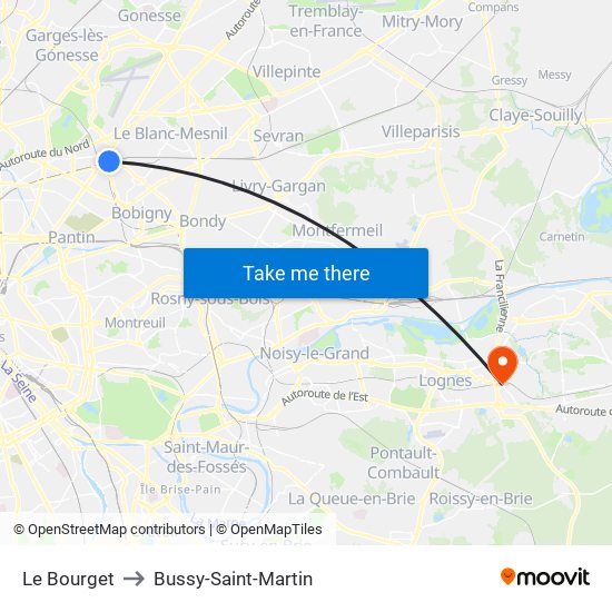 Le Bourget to Bussy-Saint-Martin map