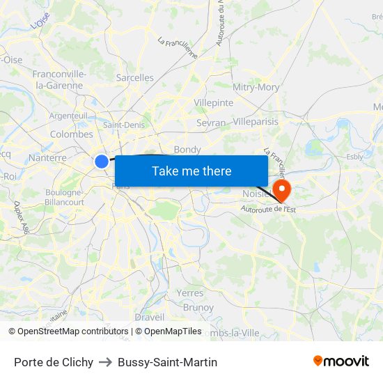 Porte de Clichy to Bussy-Saint-Martin map