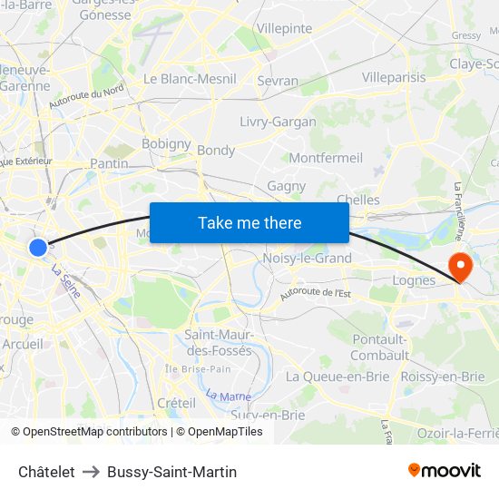 Châtelet to Bussy-Saint-Martin map