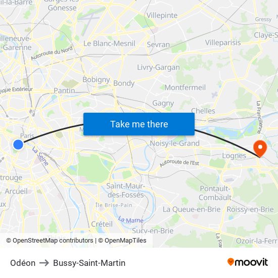 Odéon to Bussy-Saint-Martin map
