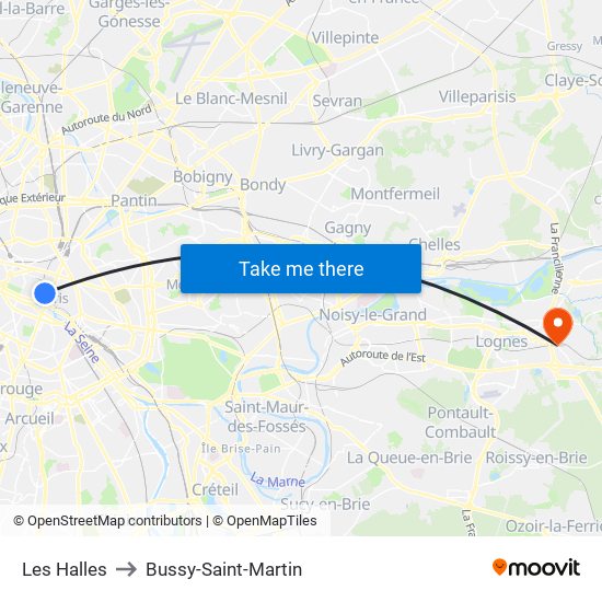 Les Halles to Bussy-Saint-Martin map