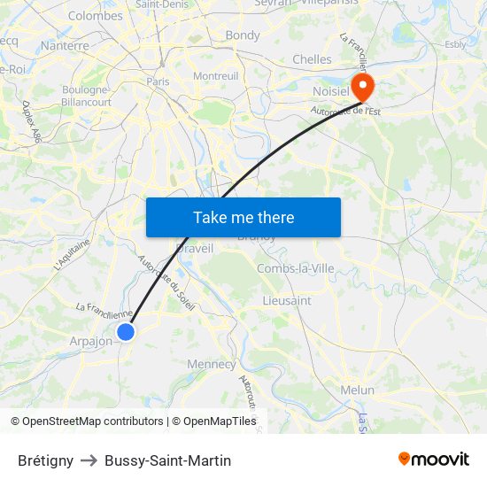 Brétigny to Bussy-Saint-Martin map