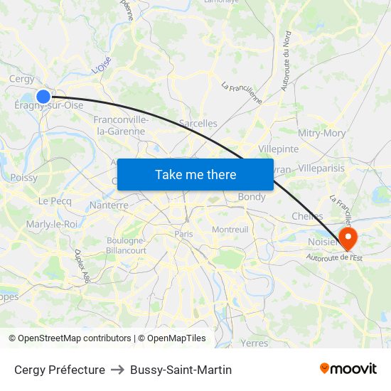 Cergy Préfecture to Bussy-Saint-Martin map