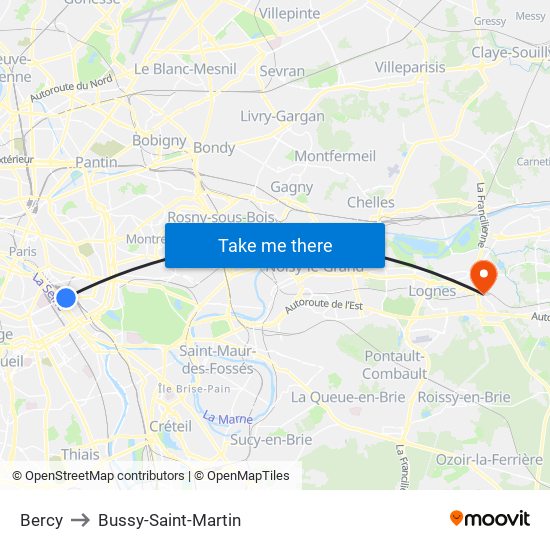 Bercy to Bussy-Saint-Martin map
