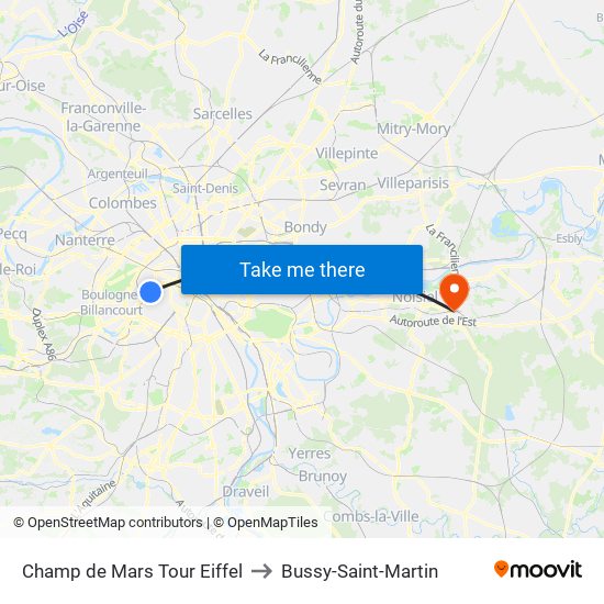 Champ de Mars Tour Eiffel to Bussy-Saint-Martin map
