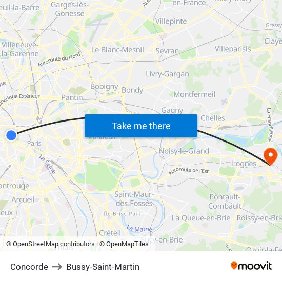 Concorde to Bussy-Saint-Martin map