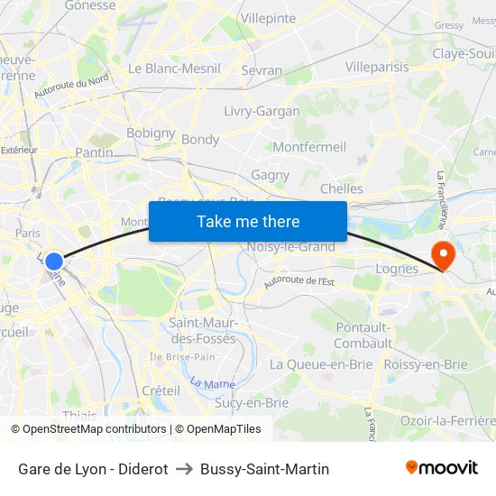 Gare de Lyon - Diderot to Bussy-Saint-Martin map