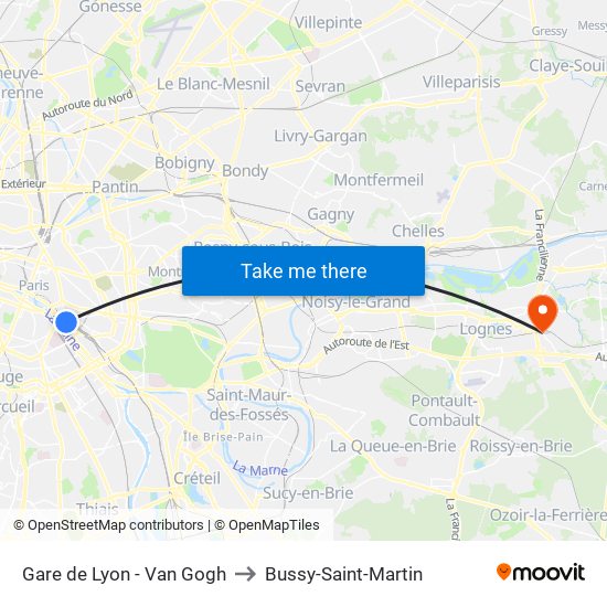 Gare de Lyon - Van Gogh to Bussy-Saint-Martin map