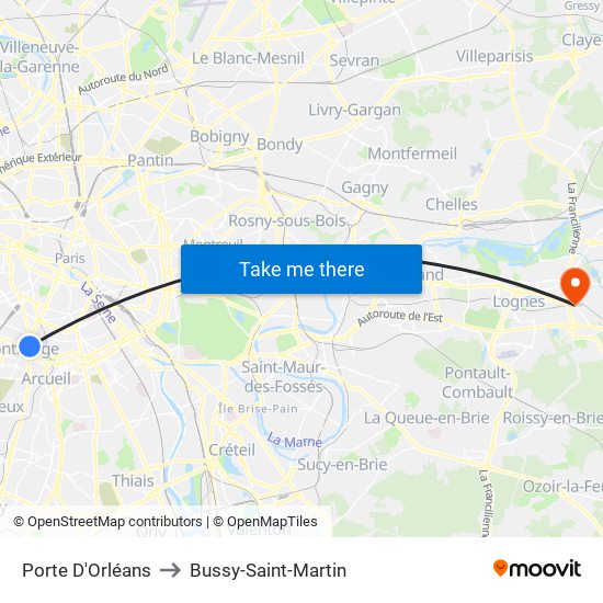 Porte D'Orléans to Bussy-Saint-Martin map